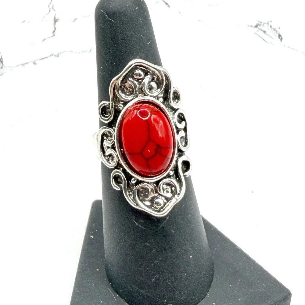New‎ Red Marbled Glass Statement Ring Silver Tone Size 6.25 See Video